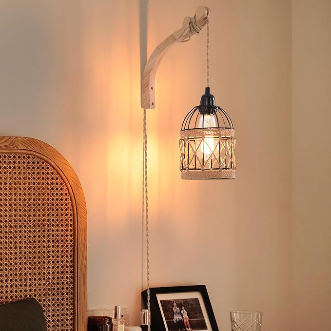 Plug in Wall Sconce,Farmhouse Wicker Wall Lamp Plug in,Hand Woven Rattan Wall Light Farmhouse Rustic Boho Sconces Wall Lighting for Living Room Bedroom