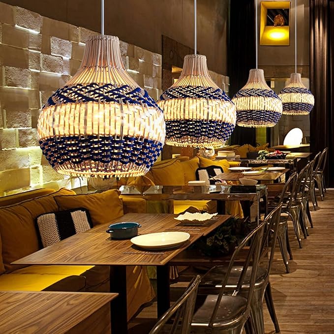 3-Pack Rattan Pendant Light Fixture 10.24" Blue White Hand-Woven Basket Fax Rattan Chandelier Boho Mini Wicker Hanging Lamp for Dining Living Bedroom Kitchen Farmhouse