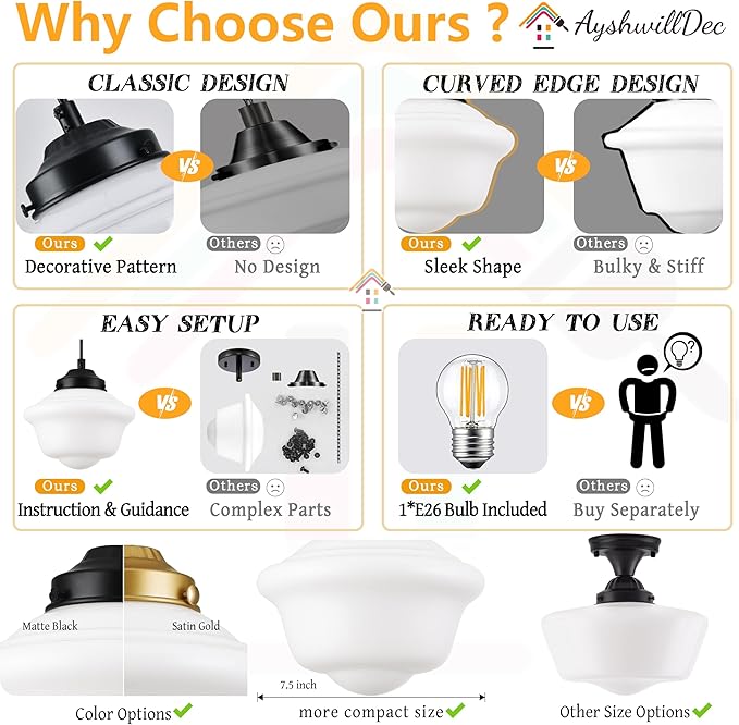 Black Schoolhouse Light Fixture 8" Milk Glass Pendant Light Schoolhouse Pendant Light Milk Glass Light Fixture Mid Century Pendant Light for Bedroom Bathroom Kitchen Hallway (Bulb Incl.)