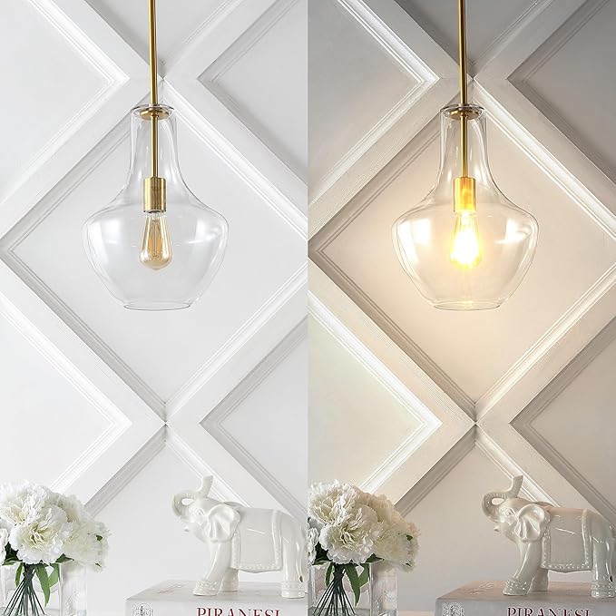 JONATHAN Y 10.5" Brass Gold/Clear Mid-Century Modern 1-Light LED Pendant Light Fixture, Adjustable Schoolhouse Hanging Lamp for Kitchen Island, Clear Glass Shade, LED Bulb Included (JYL6400C)