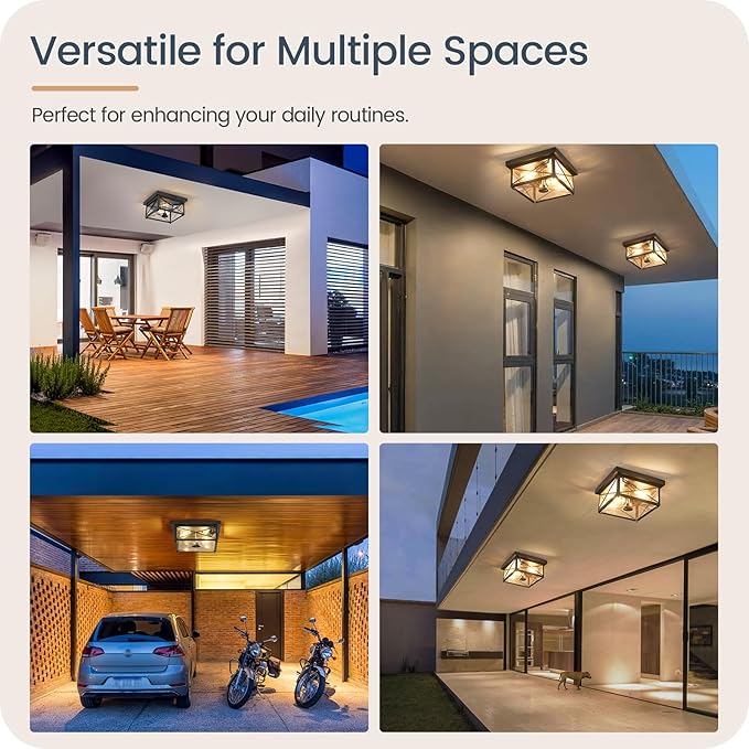 Outdoor Ceiling Light Fixture, Motion Sensor Outdoor Porch Light Ceiling Mount, 2-Light Metal Close to Ceiling Light Fixture with Glass Shade, 3 Modes, Bulbs Not Included, Black BT09XD05