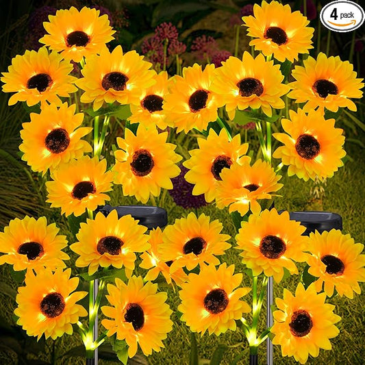 4-Pack Solar Sunflower Garden Decor, 24 LED Flower Stake Lights - Waterproof Long-Lasting Outdoor Solar Patio Decor for Lawn, Yard & Pathway