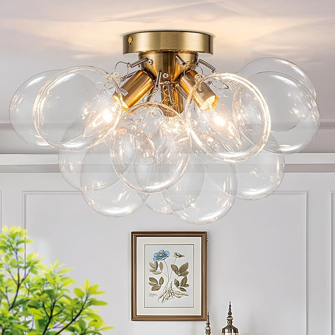 Semi Flush Mount Chandelier Gold Close to Ceiling Light Fixtures Modern Bubble Ball Glass Chandelier Mid Century Ceiling Pendant Light 17.72in 13 Globe for Bedroom Foyer Living Room Kitchen Island