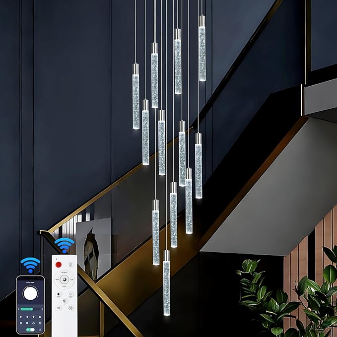 12-Light High Ceiling Chandeliers Modern Chorme Crystal Chandeliers for Entryway Long Spiral LED Dimmable Chandelier Flush Mount Ceiling Staircase Foyer Living Room Ceilings Light Fixture