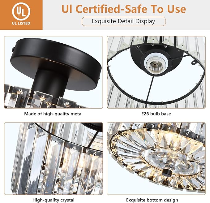 Crystal Ceiling Light, Modern Mini Flush Mount Crystal Chandelier, 8.89 Inch Black Light Fixture, Round Hallway Lighting Fixtures for Kitchen Entryway Laundry Room, 1-Light
