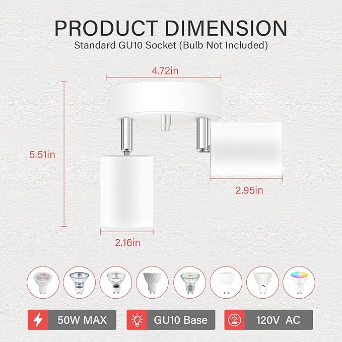BoostArea LED 2 Light Track Lighting Kit, LED Track Lighting Fixtures, White Round Ceiling Spot Lighting, Flexibly Rotatable Light Head for Kitchen, Living Room, Bedroom, GU10 Bulb Not Included