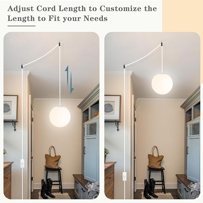 KoKo&Yukina 8" Globe Pendant Light White Plug in Pendant Light Adjustable Hanging Lights with Plug in Cord Matte White Finished with Milk Glass Lampshade for Bedroom Kitchen Island (Bulb Included)