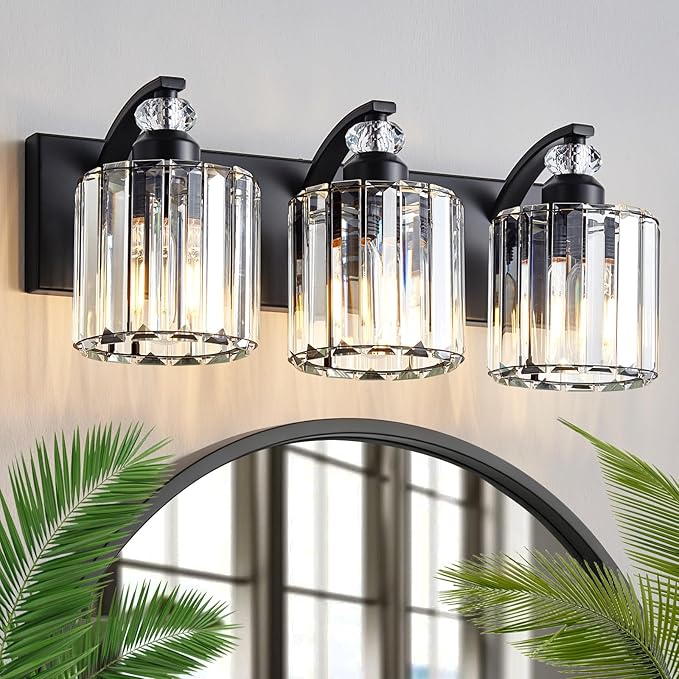 3-Light Black Bathroom Light Fixture Modern Vanity Lights Over Mirror Vintage Wall Sconce Lighting for Bathroom, Bedroom, Living Room, Hallway E26 Base with Crystal Bathroom Vanity Light