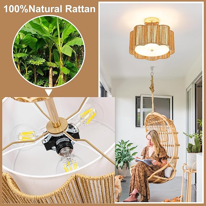 Golden Blossom Boho 3-Light - 14" Handwoven Rattan Flush Mount for Bedroom | Nursery, Eco-Friendly Gold Woven Ceiling Light, Small Gold Lighting, Boho Rattan Light