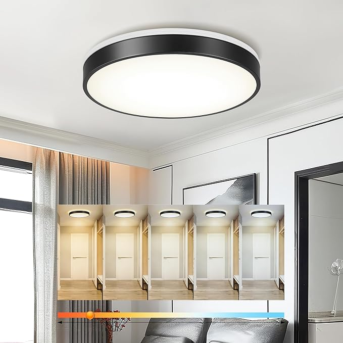Ken & Ricky Flush Mount Ceiling Light, Dimmable Led Close to Ceiling Light Fixtures for Kitchen Bathroom Bedroom Hallway 5cct (Black, 16 Inch)