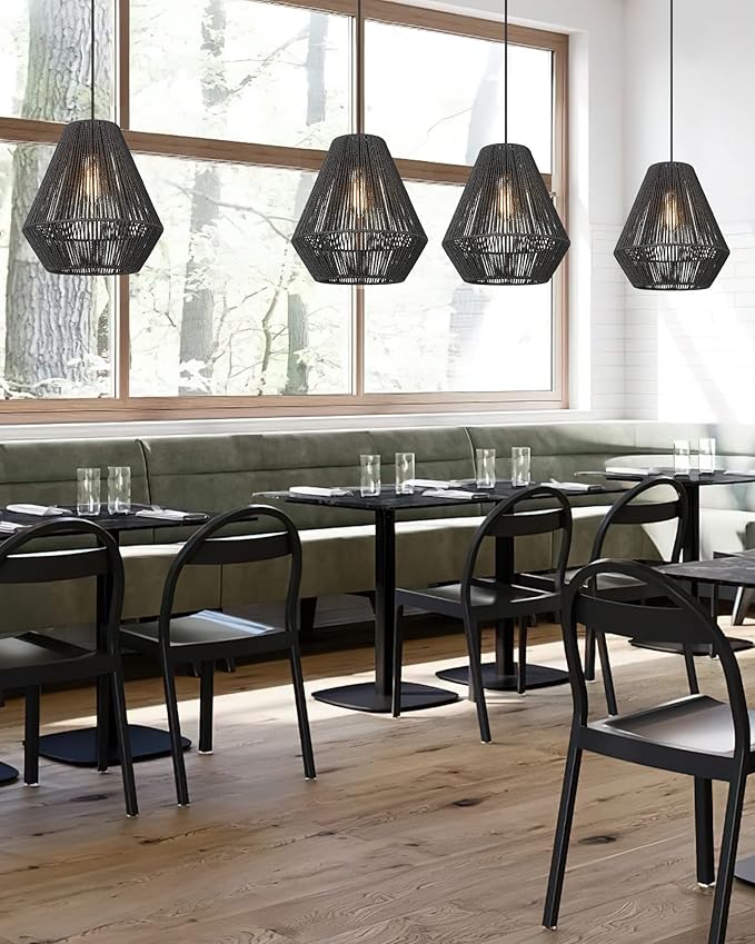 ELYONA Modern Woven Pendant Light Fixtures 11.8" Farmhouse Coastal Hanging Lamp Matte Black Handwoven Rattan Basket Shade Boho Pendant Light for Kitchen Island Dining Room Bar Bedroom Foyer Hallway
