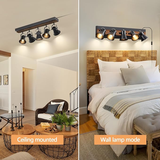 KEESFU 5-Light Plug in Track Lighting Kit,Black Semi Flush Mount Ceiling Light with 5 Rotatable Light Heads,Modern Farmhouse Lighting for Livingroom,Bedroom,Hallway,Art Wall,Bathroom,Kitchen.