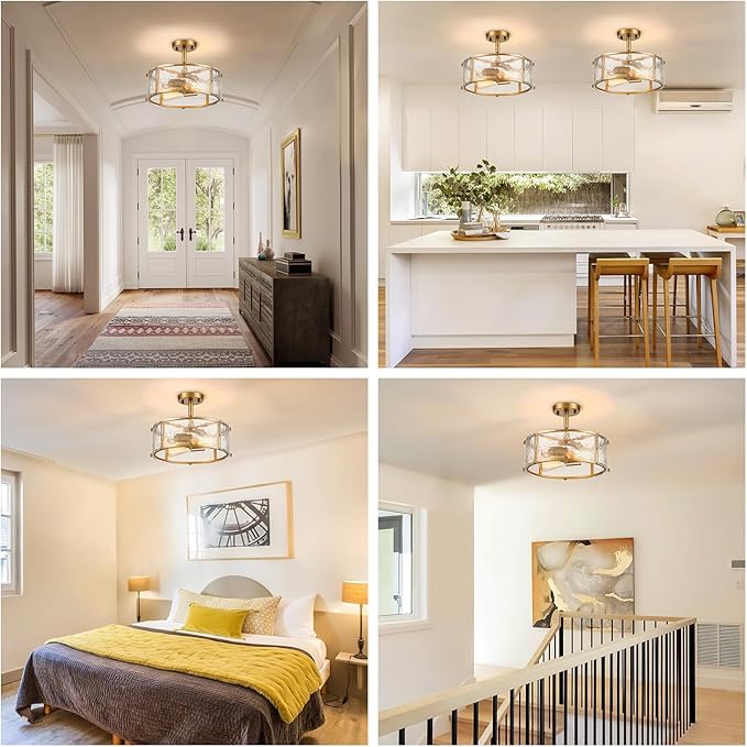 12.8" Modern Gold Semi Flush Mount Ceiling Light Fixture, 2-Light Glass Drum Ceiling Light, Small Hammered Glass Ceiling Lights for Dining Room Foyer Kitchen Hallway Entryway