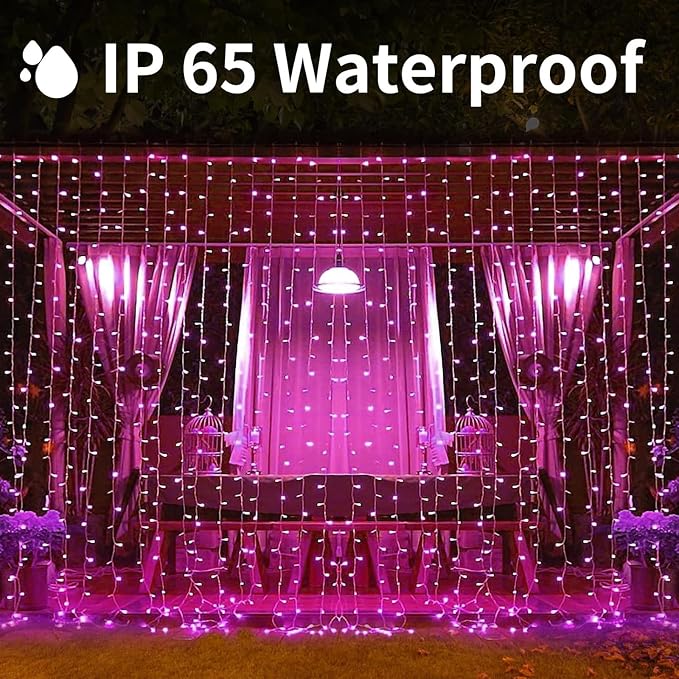 300LED Solar Curtain Lights USB & Solar Dual Powered Waterproof Fairy String Lights 8 Modes Twinkle for Home Indoor Outdoor Use Garden Patio Wedding Party (Pink)