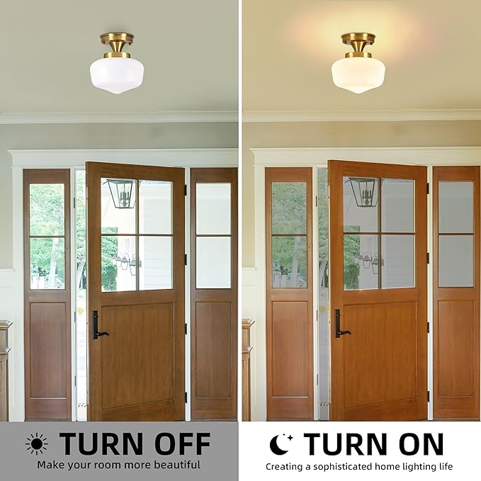 Brass Schoolhouse Ceiling Light 8" Mid Century Lights Fixtures Milk Glass Light Fixture School House Lights Fixture Ceiling Semi Flush Mount Ceiling for Bedroom Bathroom (Bulb Incl.)