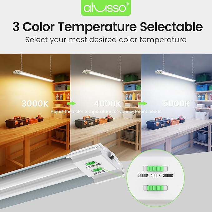 ALUSSO® LED Shop Lights 4FT with Reflector, 5000LM Super Bright, Adjustable 3000K-5000K Color Temperature, 120V, Warm to Cool Daylight Linkable Shop Lights for Workshop/Basement, 2 Pack