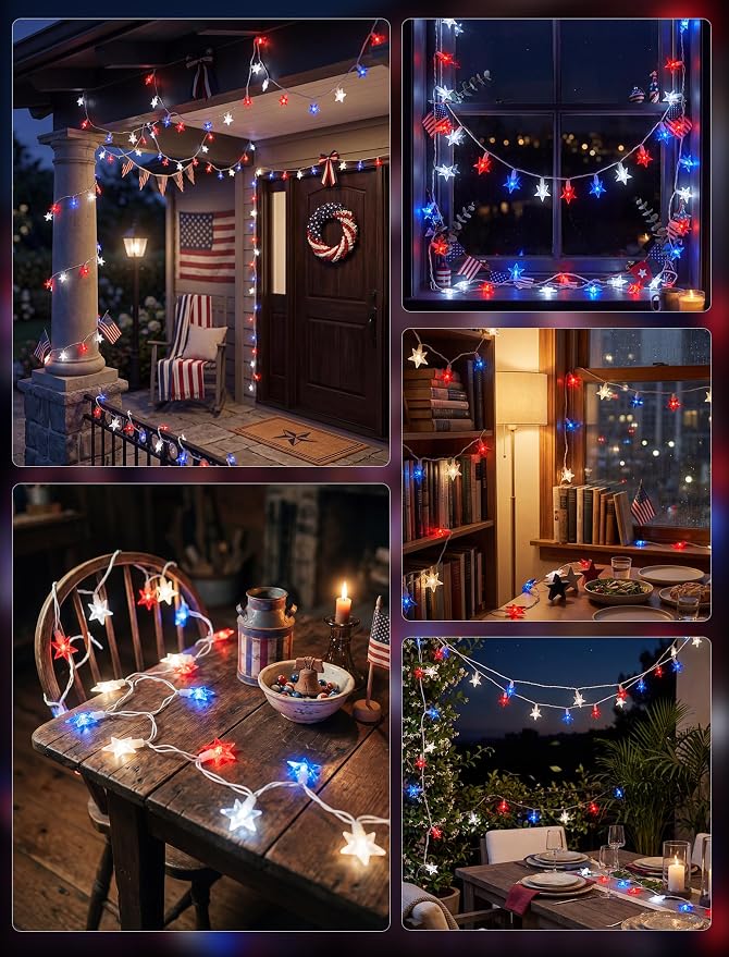 13.6Ft Red White and Blue Star String Lights, 35 LED Patriotic Lights for Flag Day 4th of July Decorations, Waterproof Plug in Fairy Lights for Indoor Outdoor Fence Backyard Patio Independence Day