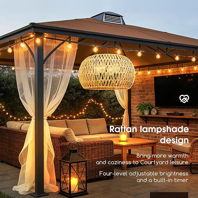 Solar Chandelier Outdoor 4-Light Rattan Chandelier Outdoor with Remote, Dimmable & Timer, Dual Power with USB, Boho Hanging Light for Porch, Gazebo, Patio, Pergola, Bulbs Included