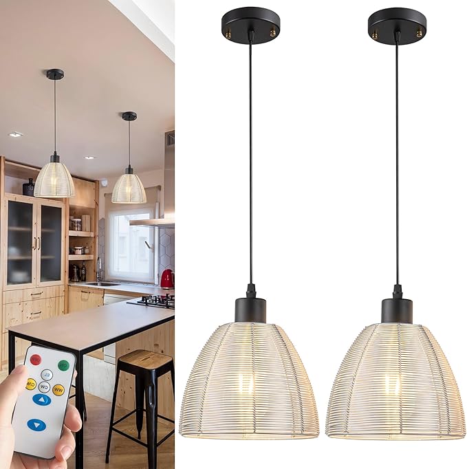 Battery Operated Pendant Light With Remote-2 Pack Hanging Lights Handmade Metal Not Hardwired, 30+ Hours Battery Powered Rechargeable Light Bulbs Good for Kitchen Island Living Room…