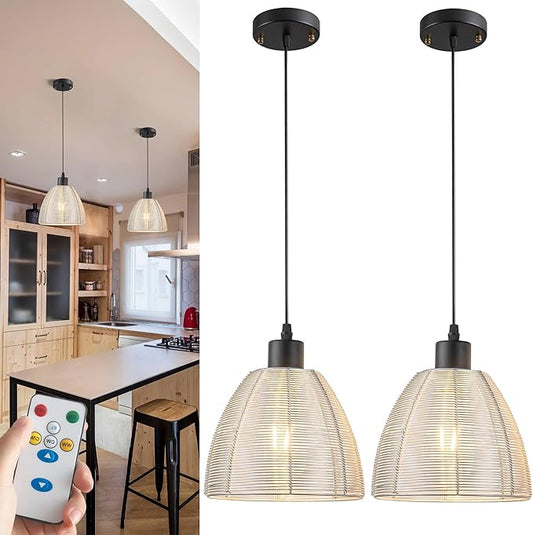 Battery Operated Pendant Light With Remote-2 Pack Hanging Lights Handmade Metal Not Hardwired, 30+ Hours Battery Powered Rechargeable Light Bulbs Good for Kitchen Island Living Room…
