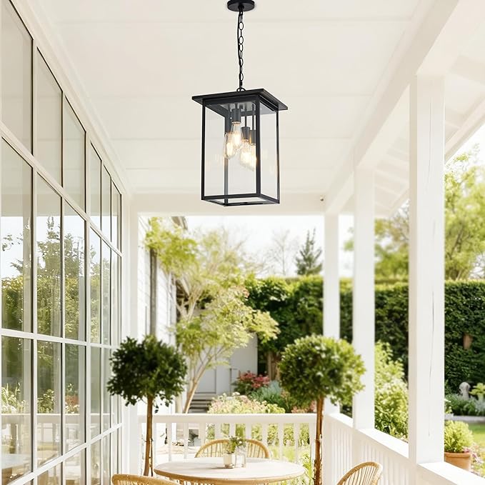 Large Outdoor Pendant Light Fixtures 4-Light Black Exterior Hanging Lantern with Clear Glass Outside Chandelier for Porch Front Door House Front Porch Entrance Foyer Entryway(Bulb Not Included)