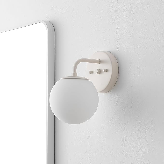 JONATHAN Y 5.75" Almond Modern Globe Wall Sconce Vanity Light for Bathroom, White 1-Light Frosted Glass Shade, Midcentury Parisian Bistro Wall Lamp, LED Bulb Included (JYL3534C)