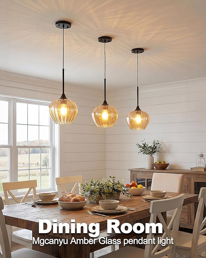 2-Pack Amber Pendant Lights for Kitchen Island, 7" Vintage Glass Pendant Lighting Mini Light Fixtures Adjustable Hanging Light for Kitchen, Dining Room, Bar, Bathroom