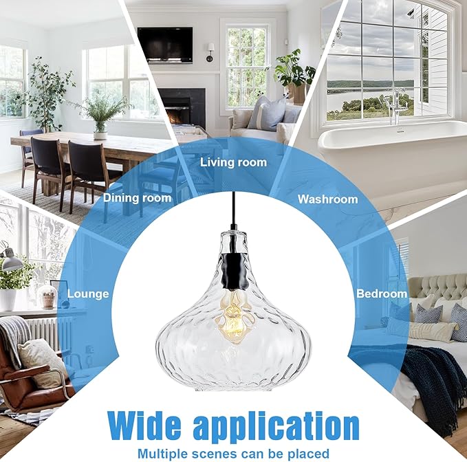 11 Inch Kitchen Island Pendant Light – Blown Glass Hammered Shade & Black Finish – Modern Hanging Ceiling Light for Dining Room, Sink, Hallway, Living Room – E26 Base
