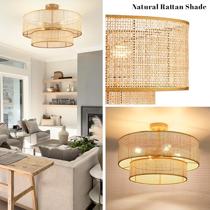 Hamilyeah 20 inch Ceiling Light Fixture Flush Mount Double Layer, Boho Light Fixture Ceiling Mount Wicker Shade, Bamboo Woven Rattan Fixture Light for Living Room, Bedroom, Dining Room