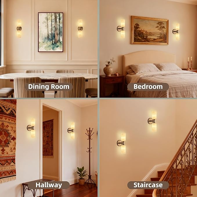 Alabaster Wall Sconce, Solid Brass Sconce with Natural Spanish Alabaster, 14.4 in Vanity Lights for Bathroom, Hardwired Wall Lamp for Bedroom Living Room Staircase Hallway, G9 LED Bulb