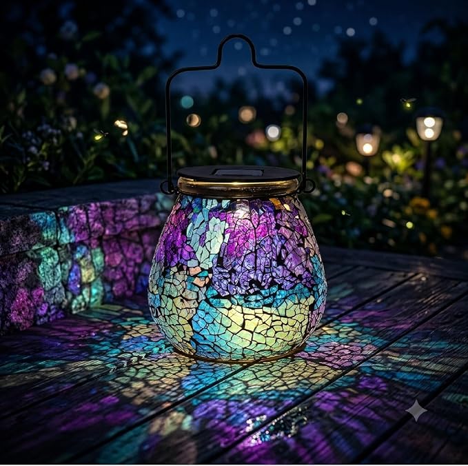 Bshine Mosaic Solar Lantern Outdoor Hanging Waterproof, Colourful Glass Purple Lantern Valentine's Day Indoor Decor Table, Garden Decor for Yard Outside, Lawn, Birthday Gift for Mom Women Gardening