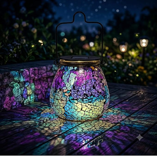 Bshine Mosaic Solar Lantern Outdoor Hanging Waterproof, Colourful Glass Purple Lantern Valentine's Day Indoor Decor Table, Garden Decor for Yard Outside, Lawn, Birthday Gift for Mom Women Gardening