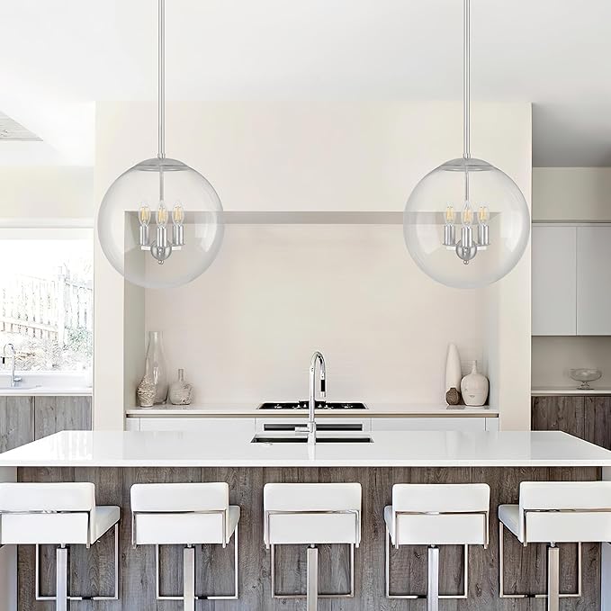 Bagood 14 Inch Globe Pendant Light Nickel Large Globe Pendant Lights Kitchen Island Mid Century Light Fixture with Hight Clear Glass Adjustable Hanging Lights for Living Room Foyer (Bulb Included)