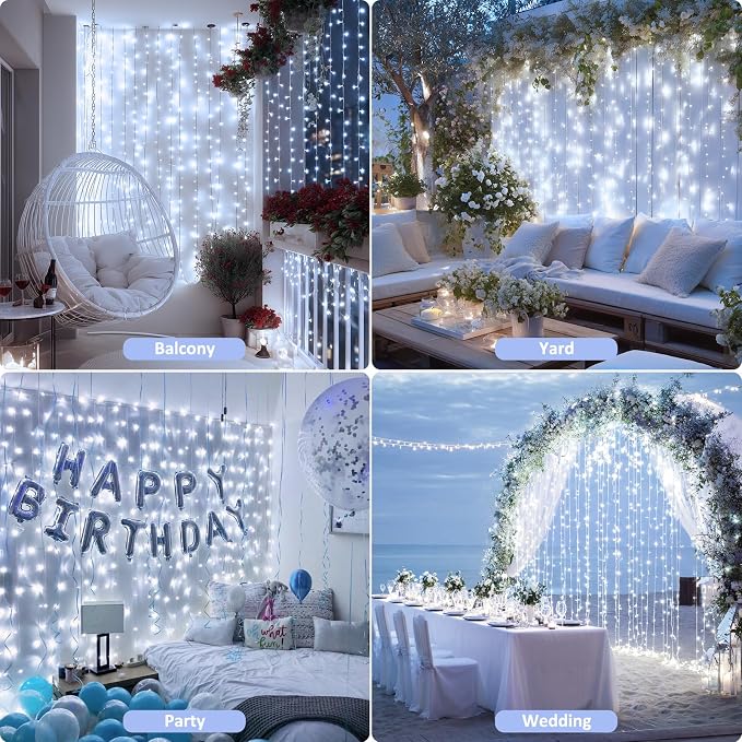 JMEXSUSS 200 LED White Curtain Lights, 6.5ft x 6.5ft White Christmas Lights with Remote, 8 Modes Curtain Hanging String Lights USB Powered for Bedroom Wall Wedding Party Backdrop Window Decor