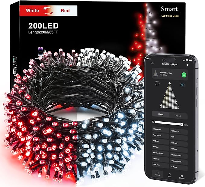Brizled Smart Red Valentines Lights, 66FT 200 LED Color Changing Christmas String Lights App & Voice Control, Dimmable Cool White & Red Xmas Light Music Sync for Indoor Outdoor Xmas Tree Wedding Party