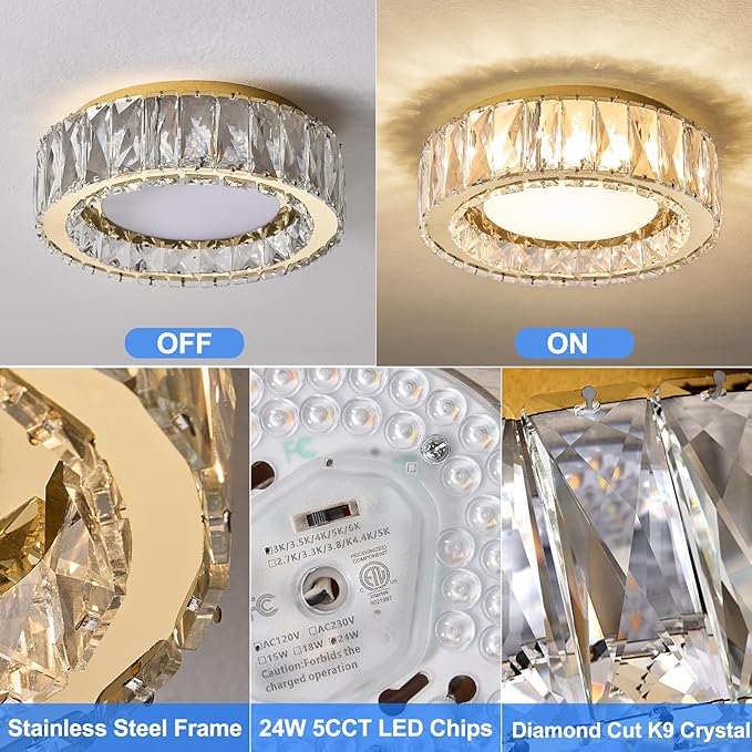Dimmable Modern Luxury Crystal LED Flush Mount Ceiling Light,11 Inch 24W/5CCT 3000K-6000K Gold Close to Ceiling Light Fixture r for Kitchen,Entryway,Laundry Room,Porch