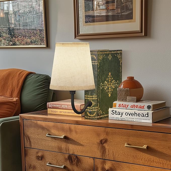 Vintage Bookshelf Lamp Rechargeable, Cordless Book Lamp with Linen Shade, Dimmable Touch Control Table Lamp, Modern Decorative Bookend, Bookshelf Lights for Office Home, Library, Study