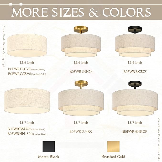 12.6 inch Flush Mount Ceiling Light Gold Close to Lights Fixture with 2-Layer Fabric Shade 3-Light Drum Modern Lights for Dining Room Bedroom Hallway