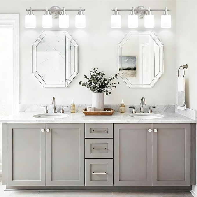 4-Light Bathroom Vanity Light, Brushed Nickel Vanity Light Fixture with White Frosted Glass Shades, Modern Anti-Rust Wall Sconce Over Mirror, Bathroom, Hallway (Bulbs Not Included, E26 Base)