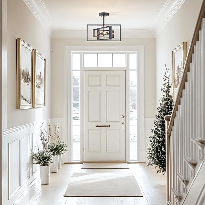 Modern Semi Flush Mount Ceiling Light, 3-Light Black Geometric Square Close to Ceiling Light Fixture, E12 Base Farmhouse Lighting for Hallway Foyer Bedroom