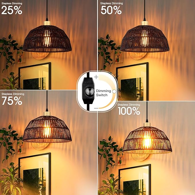 Cinkeda Plug in Pendant Light, Hanging Lights with 15ft Cotton Cord & Stepless Dimming Switch, Handwoven Hemp Rope Lampshade, Black Rattan Lamp for Dining Room,Hallway