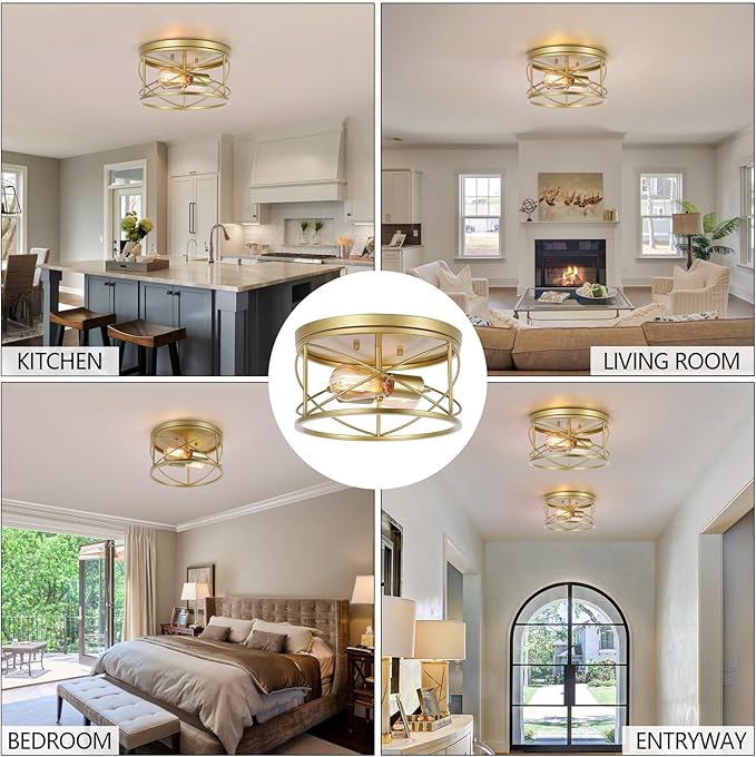 2-Light Flush Mount Ceiling Light Fixture, Industrial Modern Gold Ceiling Lamp, Vintage Farmhouse Light Fixture for Hallway, Bedroom, Dining Room, Living Room, Kitchen, Entryway