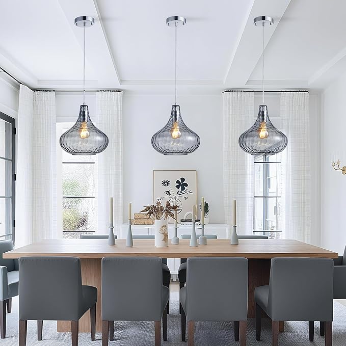 Hammered Glass Pendant Light - 11" Vintage Industrial Farmhouse Fixture for Kitchen Island, Dining Room & Entryway, Smoke Gray Ceiling Hanging Light with Chrome Finish,Easy Install Modern Chandelier