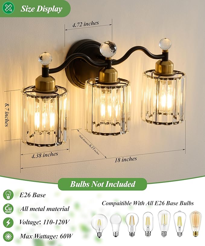 Modern Crystal Bathroom Vanity Light,Balck and Gold 3-Lights Bathroom Light Fixtures, Vanity Light Fixtures Over Mirror, Glass Wall Sconce Light for Bedroom, Kitchen, Living Room, Gallery, E26 Base