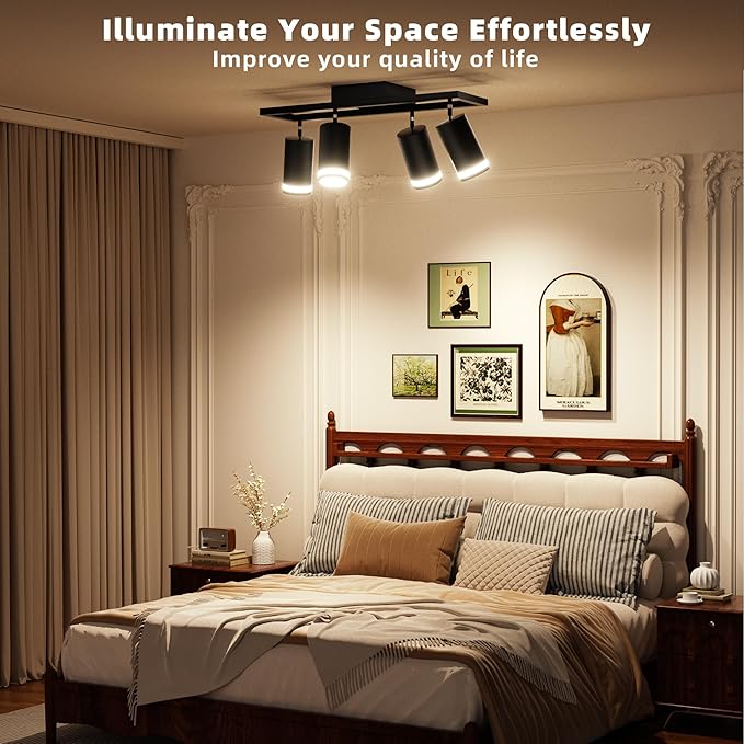 Ketom 4-Light Track Lighting Fixtures Ceiling, GU10 Black Led Ceiling Spotlight, Modern Track Light Kit for Kitchen Hallway Bedroom Living Room