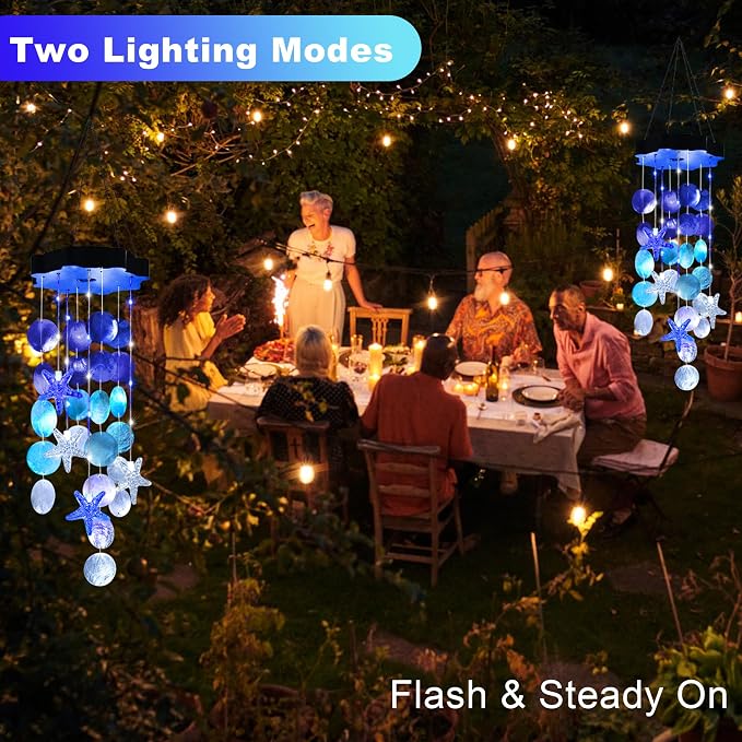 Solar Shell Gift for Mom Grandma Girls, White & Blue Solar Wind Chimes for Outside, Outdoor Decorative Mobile Lights for Garden, Yard, Patio, Window, Party, Outdoor Decorations