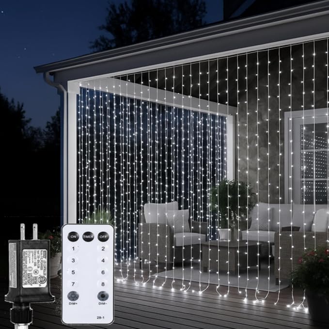 Aurelema 600 LED 20 x 9.8 Ft Christmas Curtain Lights 8 Modes Outdoor Fairy Lights with Remote Plug in Hanging String Fairy Light Waterproof for Bedroom Wall Window Backdrop Wedding Christmas Decor \