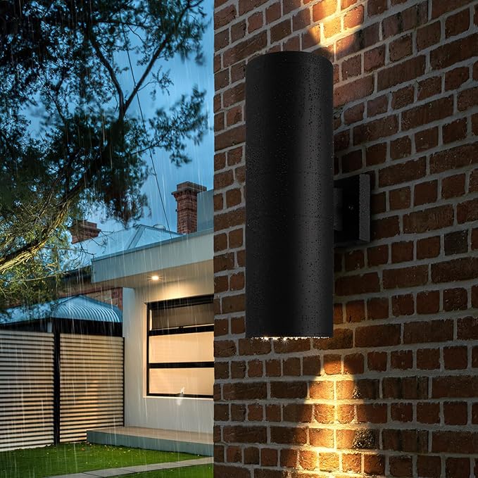 mirrea 18" Modern Outdoor Porch Light Patio Light in 2 Lights with Aluminum Cylinder and Tempered Glass Cover Waterproof Wall Sconce 2 Pack (Matte Black)