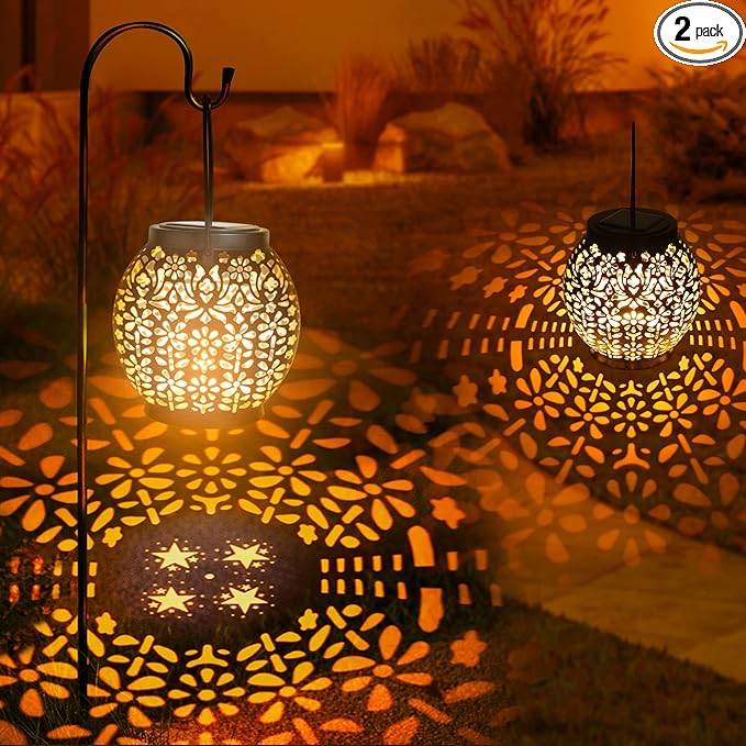 ODEETRONIC 2 Pack Warm White Outdoor Hanging Solar Garden Lanterns with Star Projection, Retro Hollowed-Out LED Lights, Waterproof for Yard Patio Lawn Porch Pathway Garden