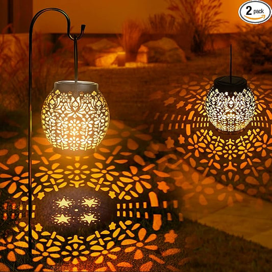 ODEETRONIC 2 Pack Warm White Outdoor Hanging Solar Garden Lanterns with Star Projection, Retro Hollowed-Out LED Lights, Waterproof for Yard Patio Lawn Porch Pathway Garden